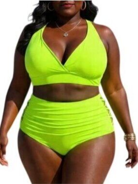 Century Star Size 2XL Bikini Set V-Neck Halter Top High Waisted Mesh Side Bottom